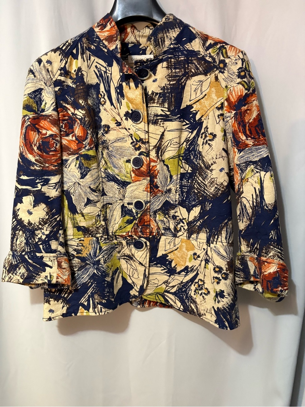 Coldwater Creek Navy & Cream Floral Brushstroke Button-Front Jacket